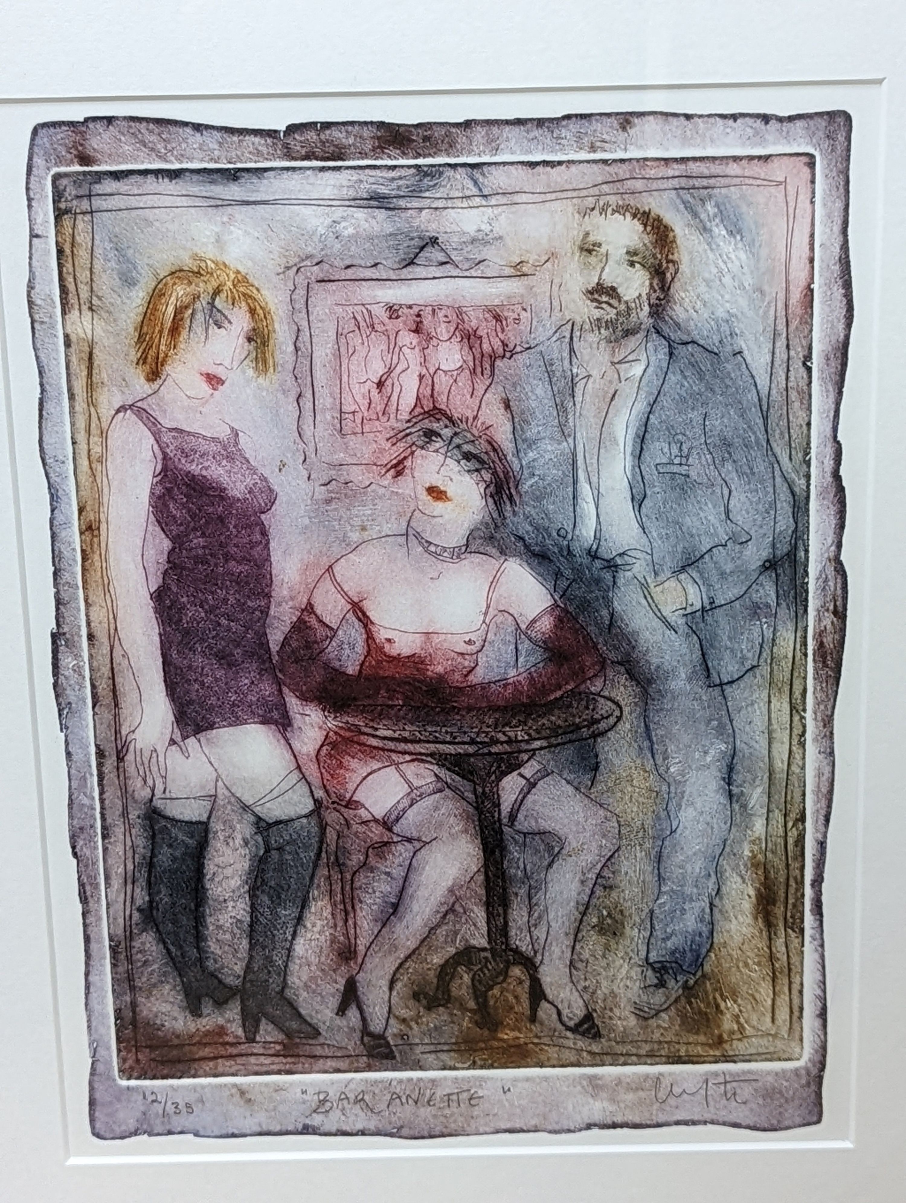 Four modern colour etchings, 'Homage to Dix, Chagall's Cow, Bar Anette and Ever Since', indistinctly signed and numbered, largest 30 x 22cm